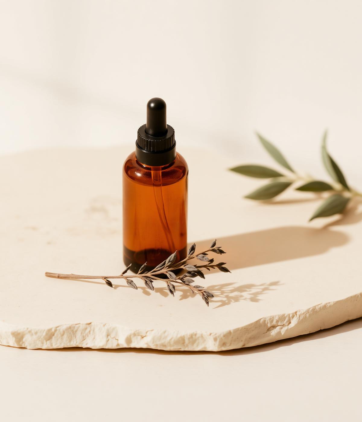 Amber dropper bottle on a stone slab with dried herbs