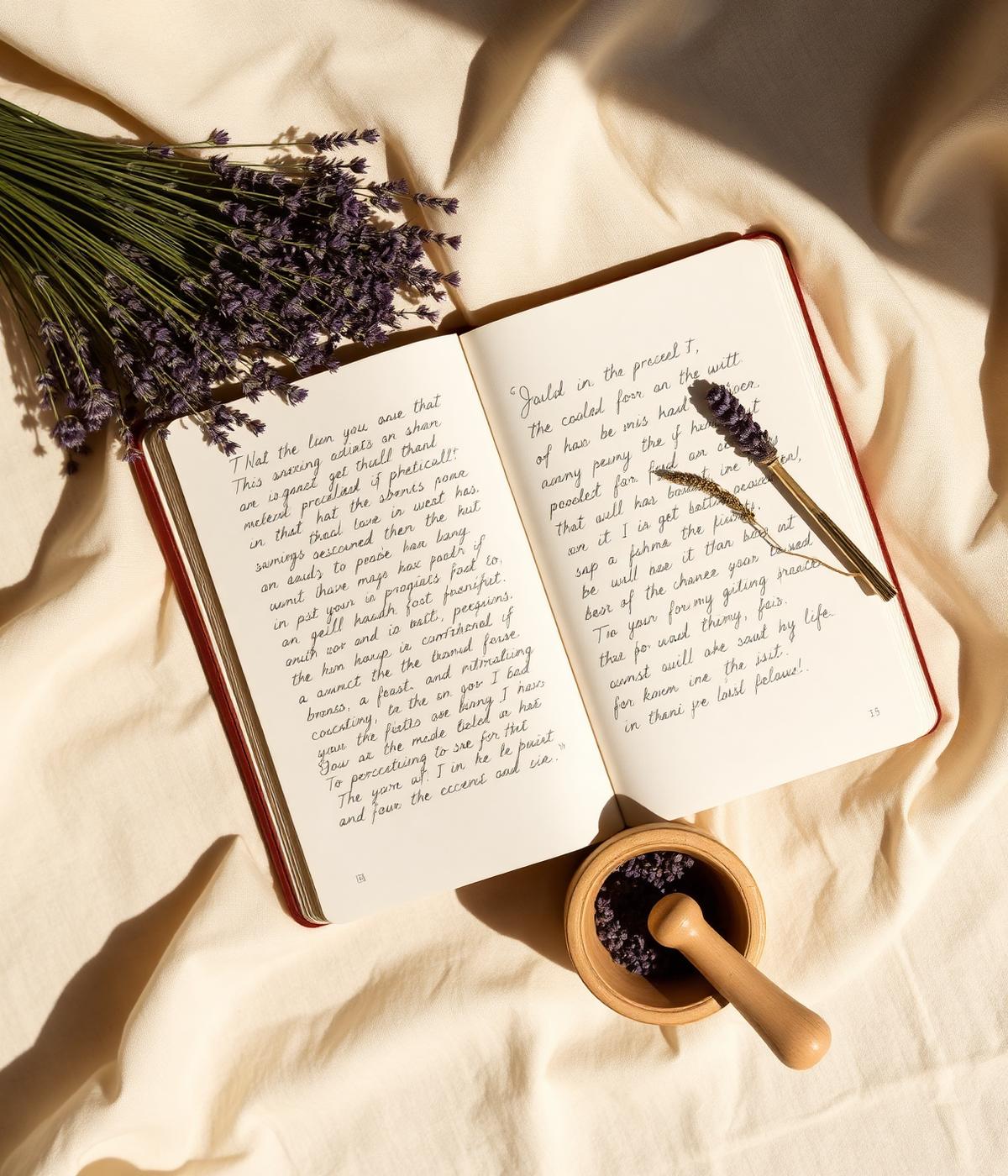 Open notebook with handwritten study notes and dried lavender